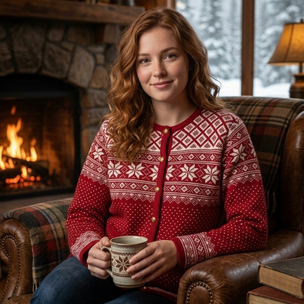 Cardigan Liz Baker Red and White Nordic Size L Color "Cherry"